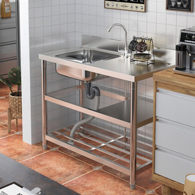 Right Hand Drainer Rectangle 1 Compartment Stainless Steel Sink with Shelves