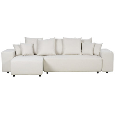 Right Hand Fabric Corner Sofa Bed with Storage Light Beige LUSPA