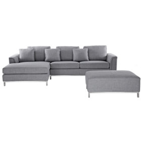 Right Hand Fabric Corner Sofa with Ottoman Light Grey OSLO