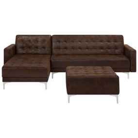Right Hand Faux Leather Corner Sofa with Ottoman Brown ABERDEEN