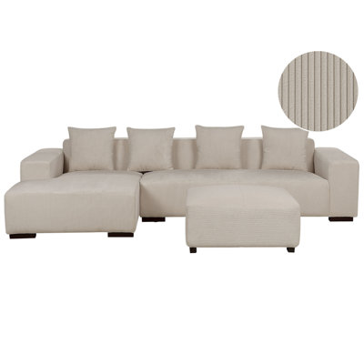 Right Hand Jumbo Cord Corner Sofa with Ottoman Beige LUNGO