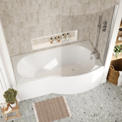 Right Hand Shower Bath Bundle - Includes Tub, Curved 6mm Safety Glass Bath Screen and Front Panel - 1700mm
