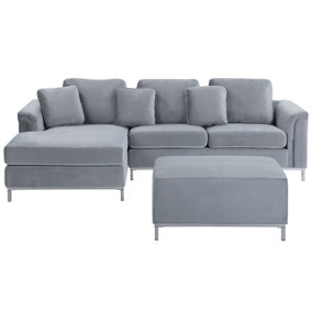 Right Hand Velvet Corner Sofa with Ottoman Light Grey OSLO