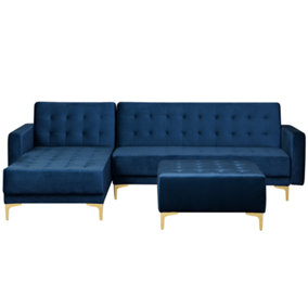 Right Hand Velvet Corner Sofa with Ottoman Navy Blue ABERDEEN