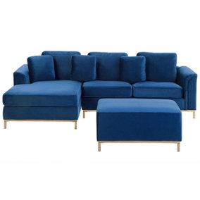 Right Hand Velvet Corner Sofa with Ottoman Navy Blue OSLO