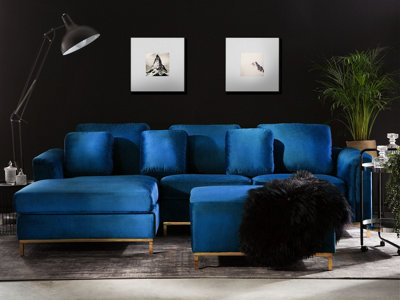 Right Hand Velvet Corner Sofa with Ottoman Navy Blue OSLO