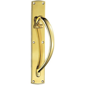 Right Handed Curved Door Pull Handle 457 x 75mm Backplate Polished Brass