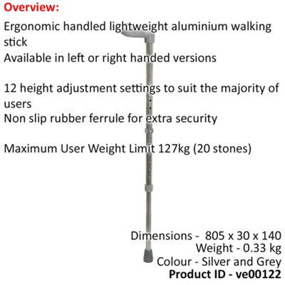 Right Handed Ergonomic Handled Walking Stick - 12 Height Settings - Large