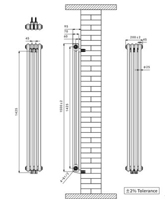 Right Radiators 1500x200 mm Vertical Traditional 2 Column Cast Iron Style Radiator Raw Metal