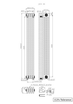 Right Radiators 1500x200 mm Vertical Traditional 4 Column Cast Iron Style Radiator White