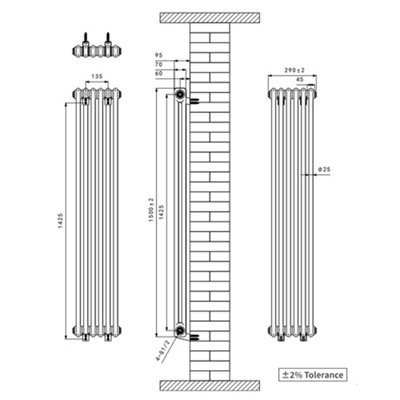 Right Radiators 1500x290 mm Vertical Traditional 2 Column Cast Iron ...
