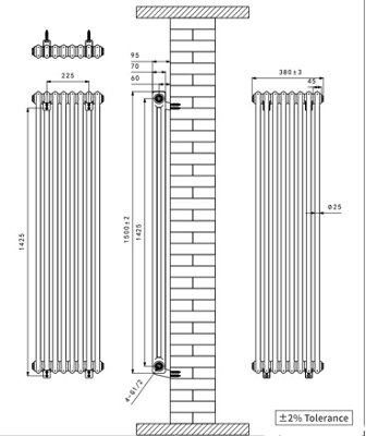 Right Radiators 1500x380 mm Vertical Traditional 2 Column Cast Iron ...