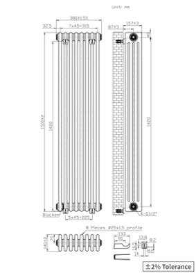 Right Radiators 1500x380 mm Vertical Traditional 4 Column Cast Iron Style Radiator White