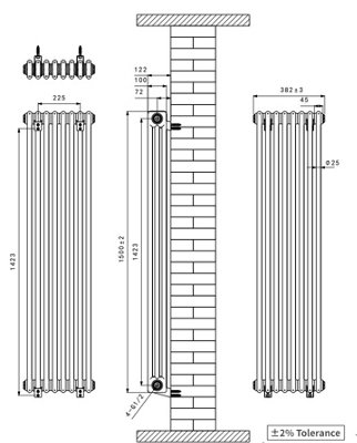 Right Radiators 1500x382 mm Vertical Traditional 3 Column Cast Iron Style Radiator Raw Metal