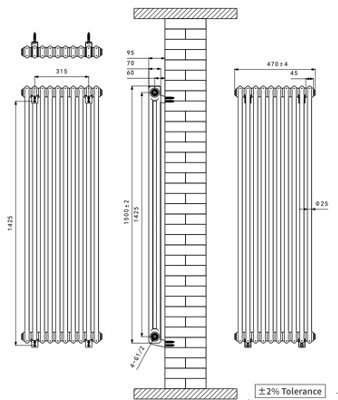 Right Radiators 1500x470 mm Vertical Traditional 2 Column Cast Iron Style Radiator White