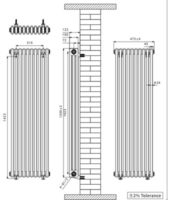 Right Radiators 1500x472 mm Vertical Traditional 3 Column Cast Iron Style Radiator Black