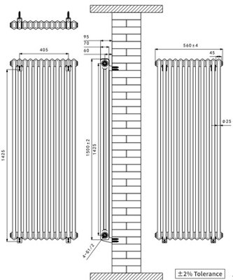 Right Radiators 1500x560 mm Vertical Traditional 2 Column Cast Iron Style Radiator Black