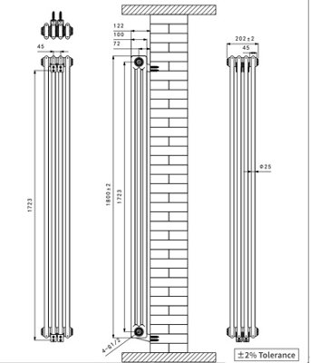 Right Radiators 1800x202 mm Vertical Traditional 3 Column Cast Iron Style Radiator Raw Metal