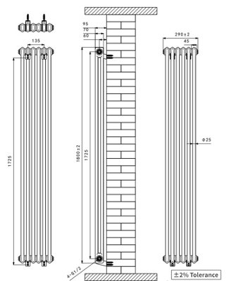 Right Radiators 1800x290 mm Vertical Traditional 2 Column Cast Iron Style Radiator Black