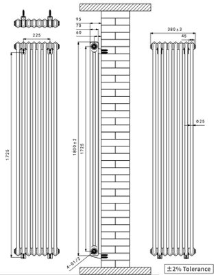 Right Radiators 1800x380 mm Vertical Traditional 2 Column Cast Iron Style Radiator Black