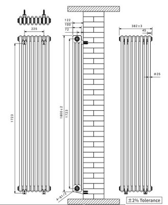 Right Radiators 1800x382 mm Vertical Traditional 3 Column Cast Iron Style Radiator Black