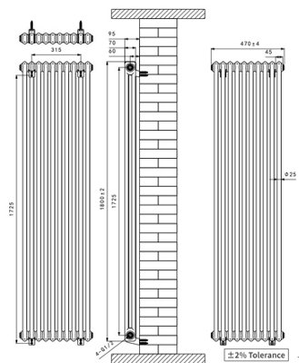 Right Radiators 1800x470 mm Vertical Traditional 2 Column Cast Iron Style Radiator White