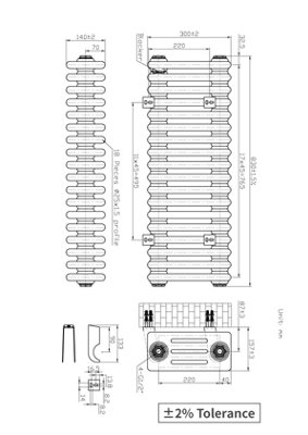 Right Radiators 300x830 mm Horizontal Traditional 4 Column Cast Iron Style Radiator Raw Metal