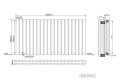 Right Radiators 600x1180mm Horizontal Double Oval Column Designer Radiator Black