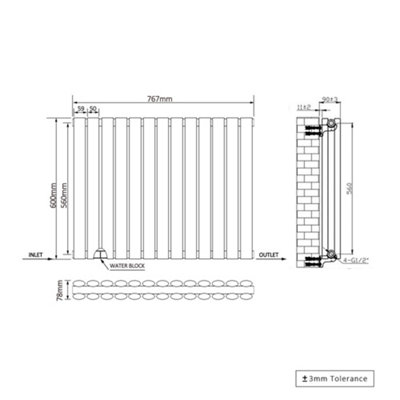 Right Radiators 600x767mm Horizontal Double Oval Column Designer Radiator Black