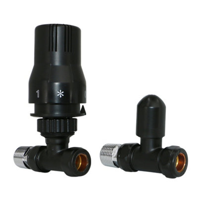 Right Radiators Black Straight TRV Thermostatic Radiator Valve and lockshield Valve 15mm x 1/2"