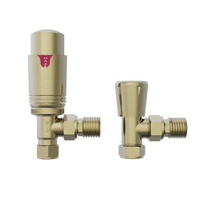 Right Radiators Brushed Brass Angled TRV Thermostatic & Lockshield Radiator Valves 15mm x 1/2" One Pair