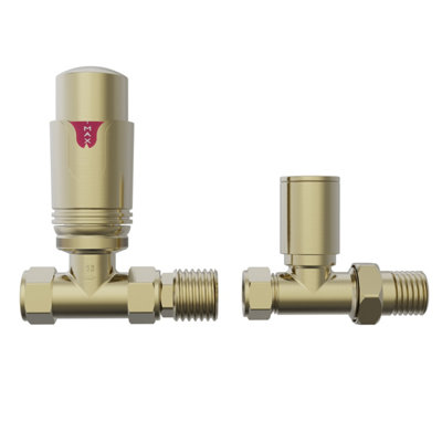 Right Radiators Brushed Brass Straight Thermostatic TRV & Manual Radiator Valves 15mm x 1/2" One Pair