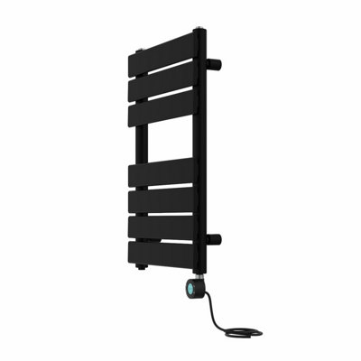 Right Radiators Prefilled Thermostatic Electric Heated Towel Rail Flat Panel Bathroom Ladder Warmer - Black 650x400 mm