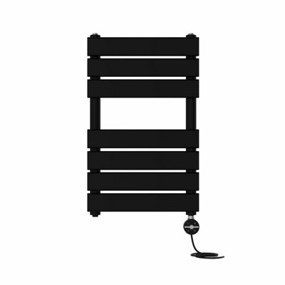 Right Radiators Prefilled Thermostatic Electric Heated Towel Rail Flat Panel Ladder Warmer Rads - Black 650x400 mm