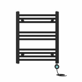 Right Radiators Prefilled Thermostatic Electric Heated Towel Rail Straight Bathroom Ladder Warmer - Black 600x500 mm