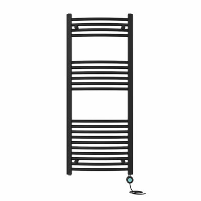 Right Radiators Prefilled Thermostatic WiFi Electric Heated Towel Rail Curved Bathroom Ladder Warmer - Black 1200x500 mm