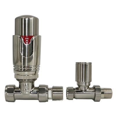 Right Radiators Satin Nickel Straight TRV Thermostatic Radiator Valve and Manual Straight Valve 15mm x 1/2"