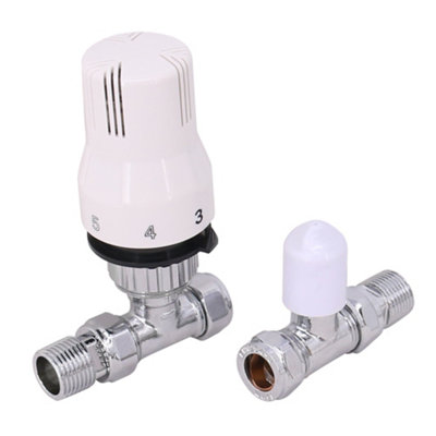 Right Radiators White Straight TRV Thermostatic Radiator Valve and lockshield 15mm x 1/2"