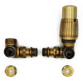 Right Version with Copper (Cu) Connectors Antique Brass Thermostatic + Lockshield Angled Valve Set Double-Pipe Radiator