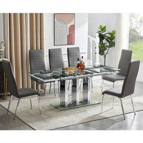 Rihanna Extending Clear Dining Table With 6 Dora Grey Chairs