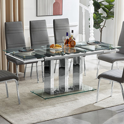 Rihanna Extending Clear Dining Table With 6 Dora Grey Chairs