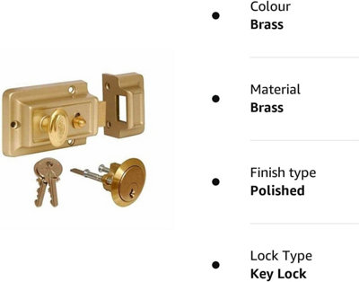 Rim Night Latch Door Lock - Polished Brass Gate Lock Extra Security