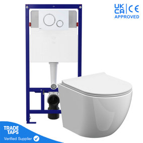 Rimless Back to Wall Toilet BTW Pan Soft Close WC Concealed Cistern Flush - Brushed Brass