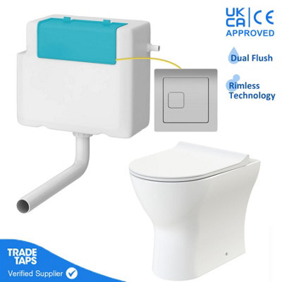 Rimless Back to Wall Toilet BTW Pan Soft Close WC Concealed Cistern Flush - Chrome Square