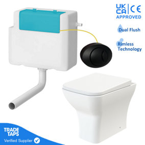 Rimless Back to Wall Toilet BTW Pan Square Soft Close WC Concealed Cistern Flush - Black Round