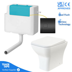 Rimless Back to Wall Toilet BTW Pan Square Soft Close WC Concealed Cistern Flush - Black Square