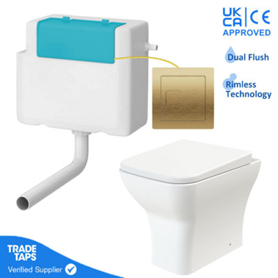 Rimless Back to Wall Toilet BTW Pan Square Soft Close WC Concealed Cistern Flush - Brushed Brass Price Comparisons | Compare The Build