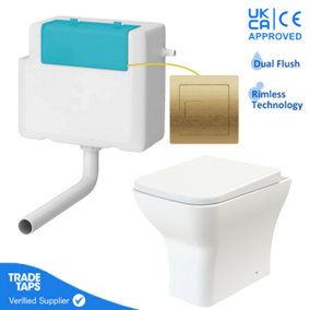 Rimless Back to Wall Toilet BTW Pan Square Soft Close WC Concealed Cistern Flush - Brushed Brass