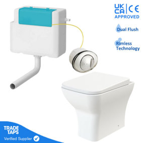 Rimless Back to Wall Toilet BTW Pan Square Soft Close WC Concealed Cistern Flush - Chrome Round