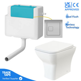 Rimless Back to Wall Toilet BTW Pan Square Soft Close WC Concealed Cistern Flush - Chrome Square